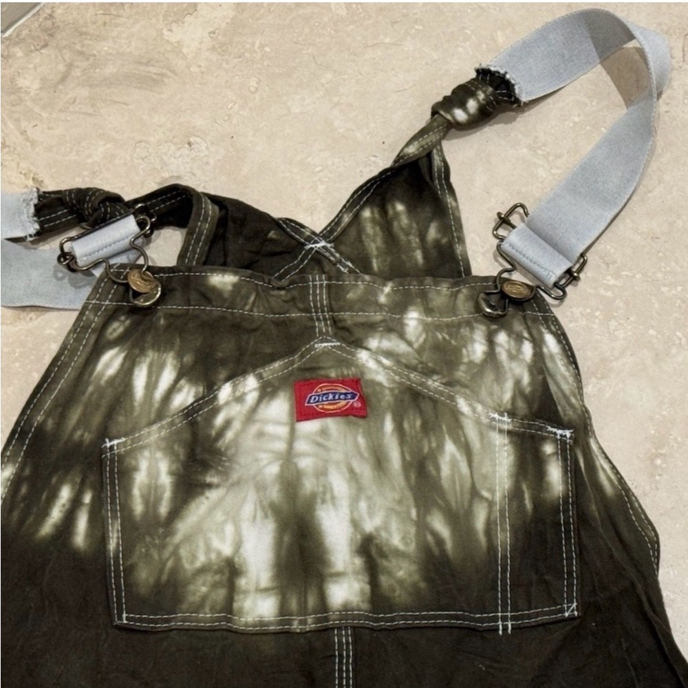 Dickies Olive Green Tie-Dye Bib Overalls with Gray Straps